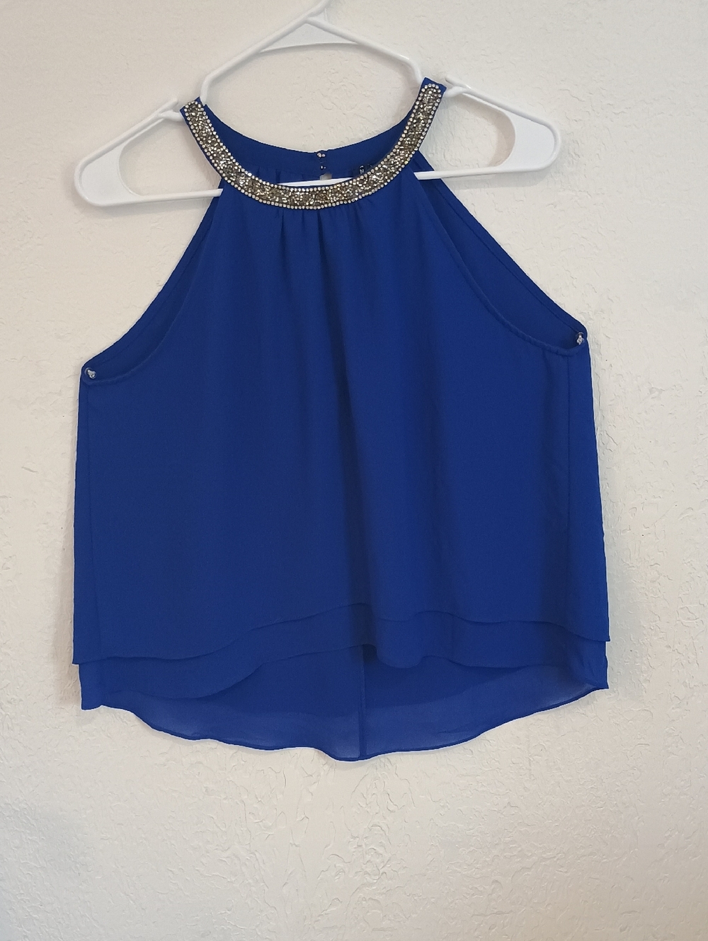 San Joy Beaded Halter Chiffon Tank - Blue